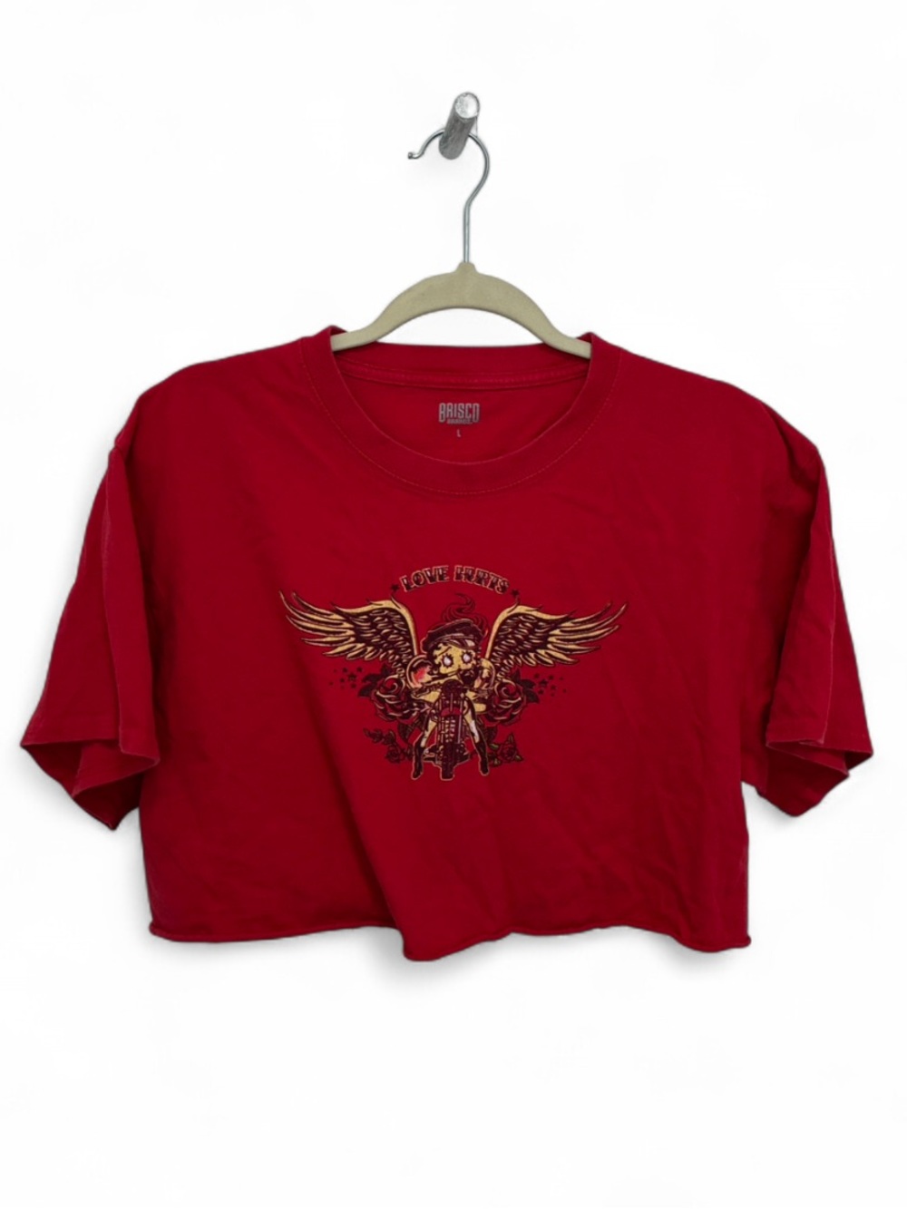Brisco Betty Boop Winged Biker Love Hurts Red Graphic Cropped Tee Shirt